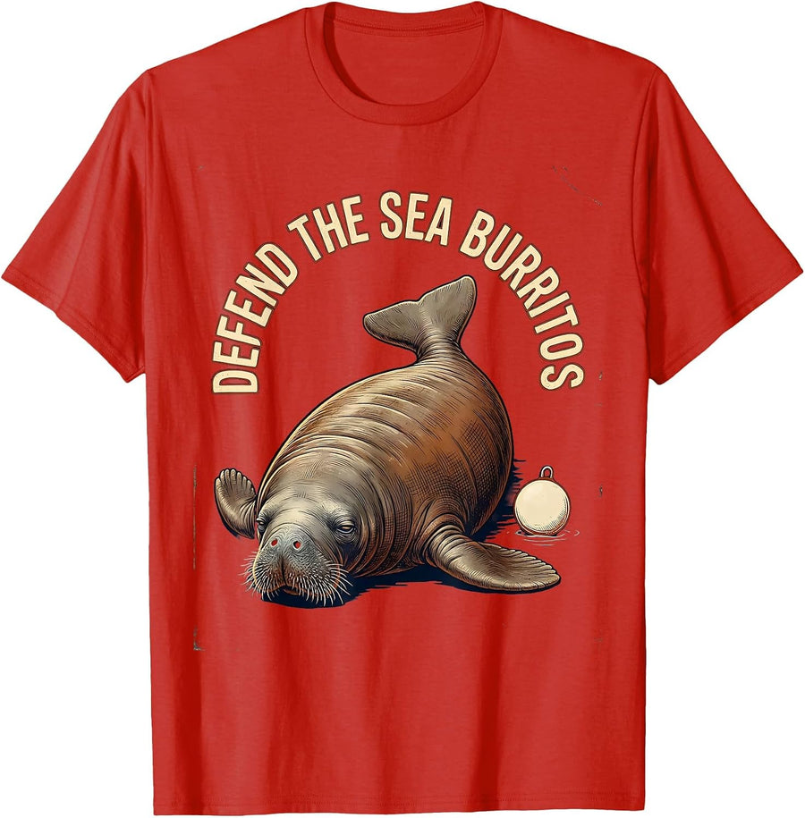 Men's Defend The Sea Burritos Vintage Manatee Sea Animal Lover T-Shirt - Red