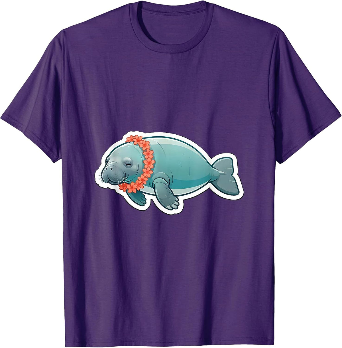 Manatee Flower Lei Funny Sea Animal Lover Sticker Style T-Shirt - Purple