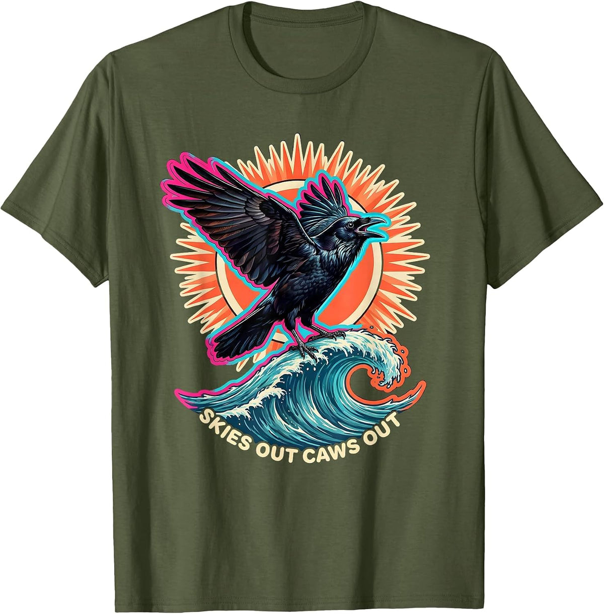 Men's Skies Out Caws Out Crow Bird Lover Design T-Shirt - Olive Green