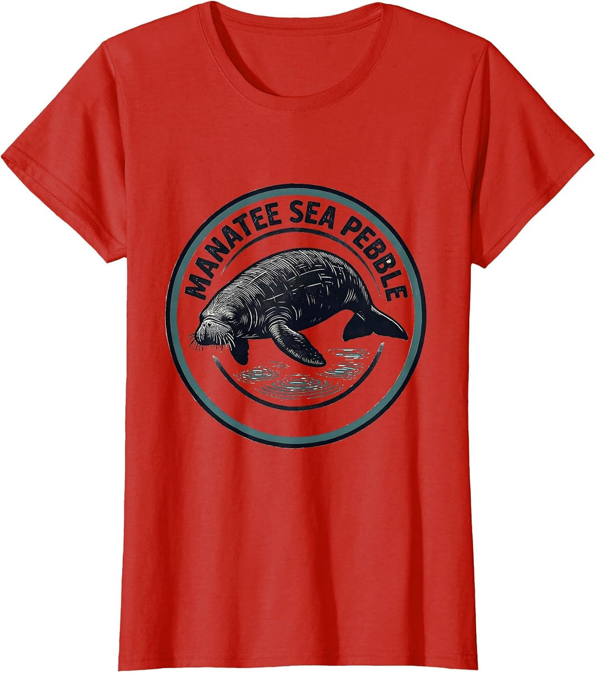 Women's Manatee Sea Pebble Linocut Sea Animal Lover Humor T-Shirt - Red