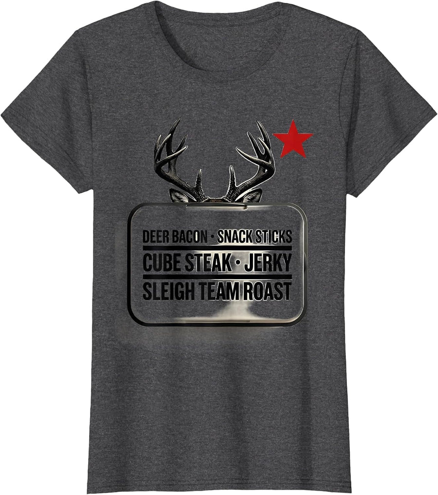 Women's Deer Bacon Snack Sticks Cube Steak Jerky Christmas Deer T-Shirt - Dark Heather Grey