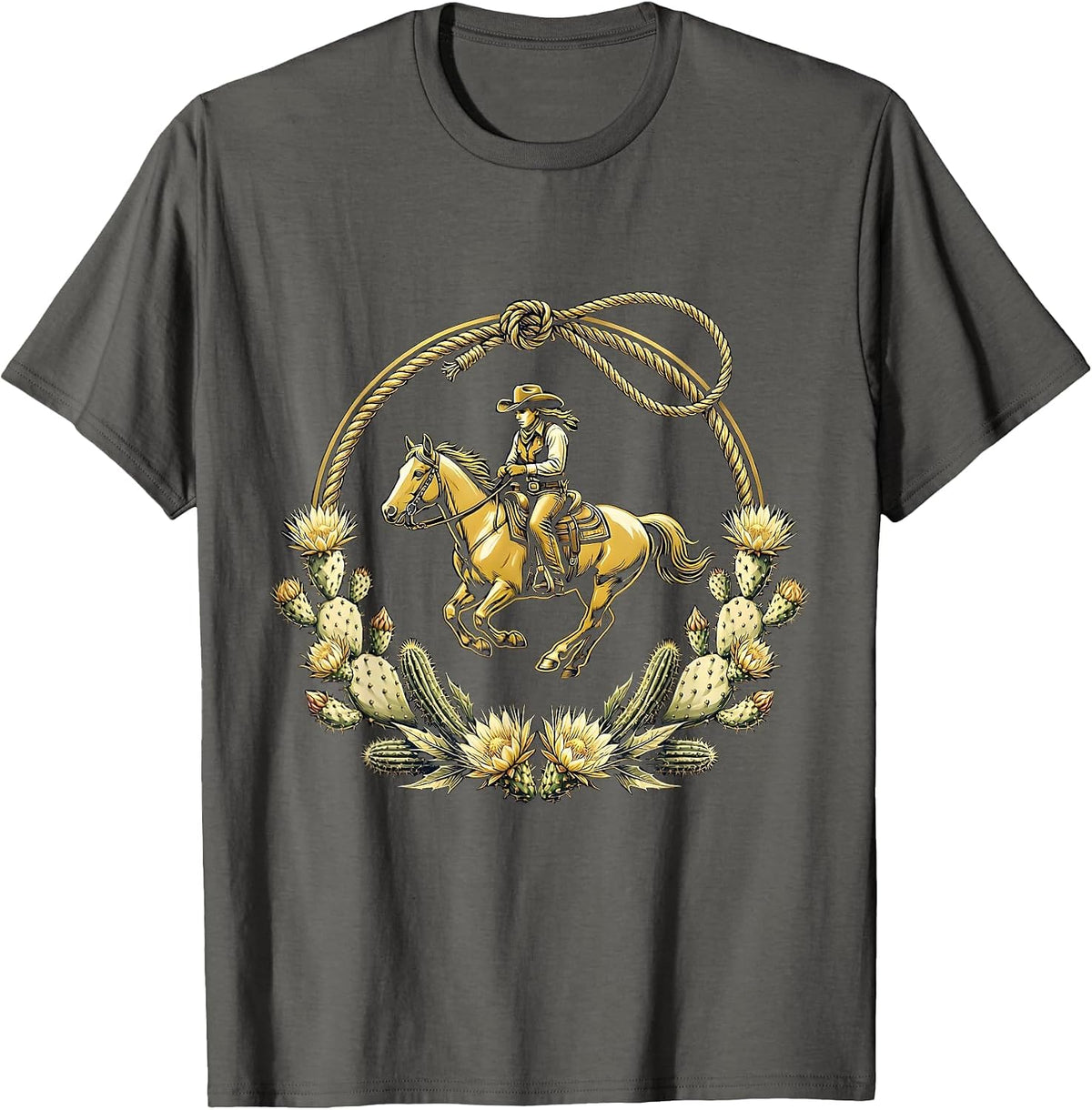 Cowgirl Riding Horse Through Desert Wildflowers T-Shirt - Asphalt Grey