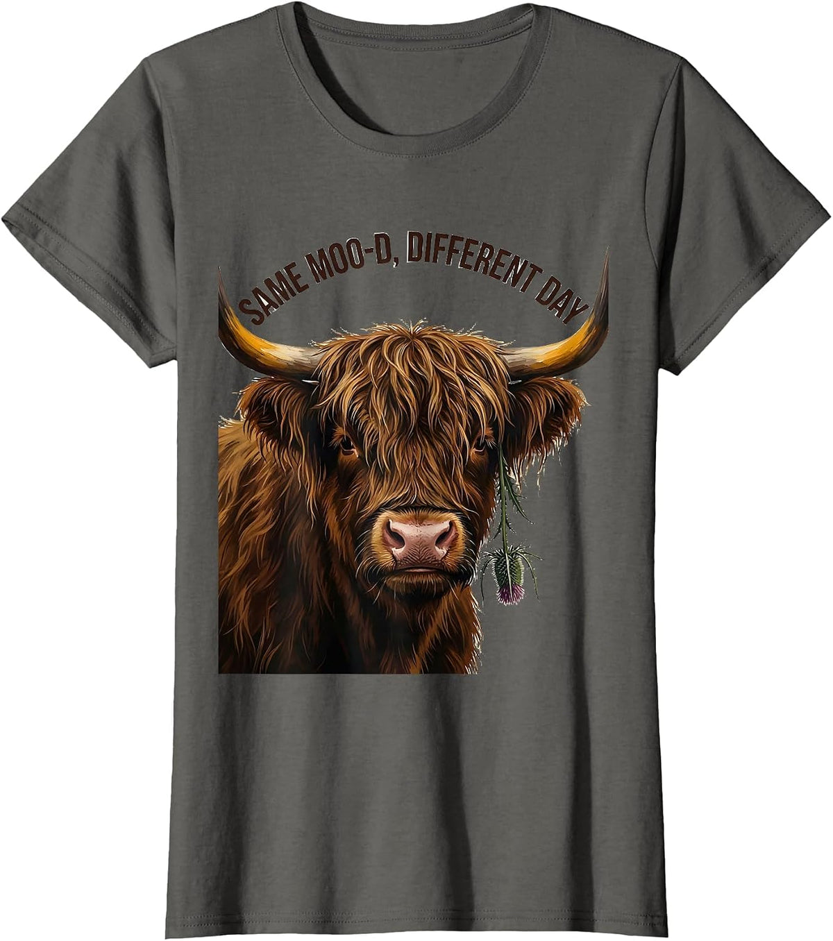 Women's Same Moo-D, Different Day Funny Highland Cow Farm Animal T-Shirt - Asphalt Grey