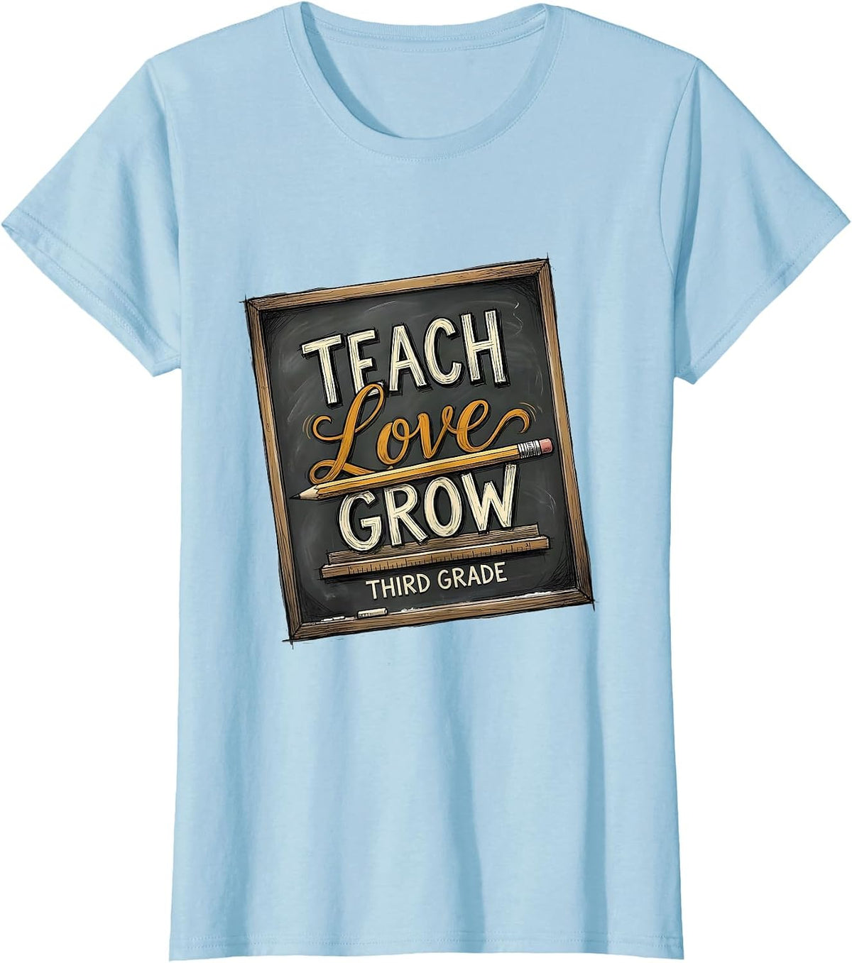 Teach Love Grow Third Grade Hand-Sketched Teacher Back T-Shirt - Baby Blue