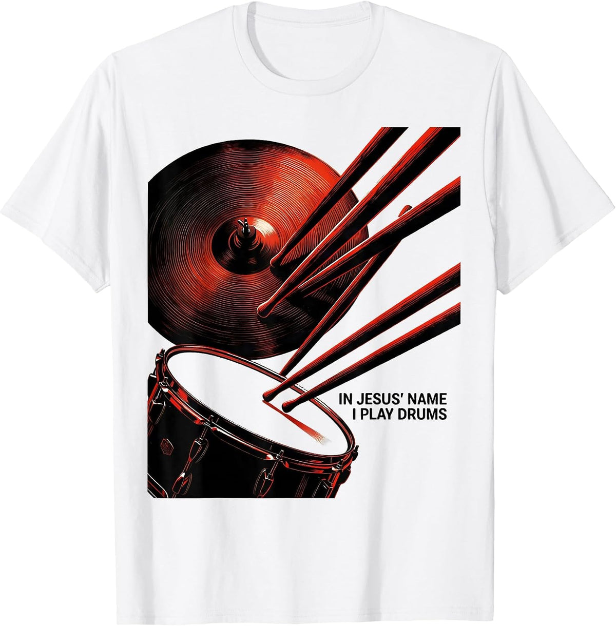 Men's In Jesus Name I Play Drums Constructivist Christian Drummer T-Shirt - White
