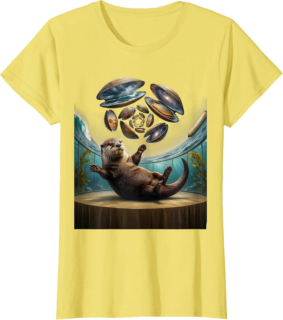 Funny Otter Juggling Clams on Its Belly T-Shirt - Lemon Yellow