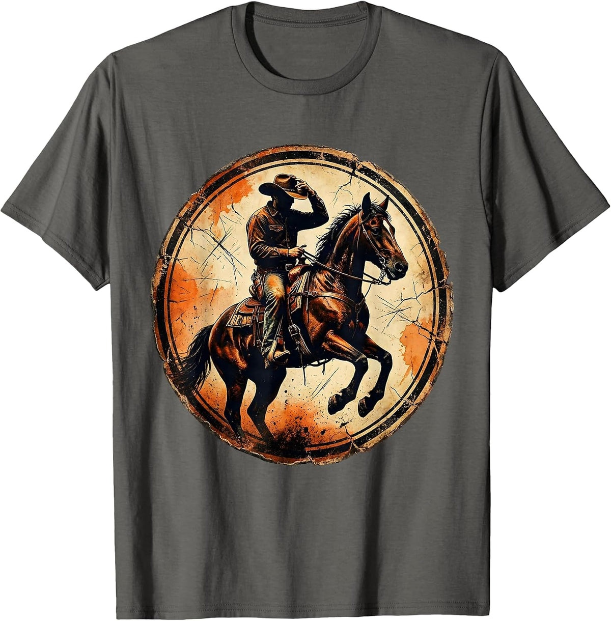 Young Cowboy Tipping Hat on Horseback Illustration T-Shirt - Asphalt Grey
