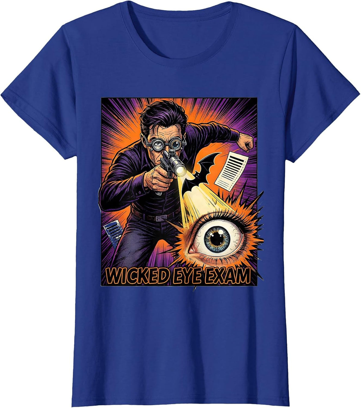 Women's Wicked Eye Exam Comic Book Optometrist Halloween Humor T-Shirt - Royal Blue