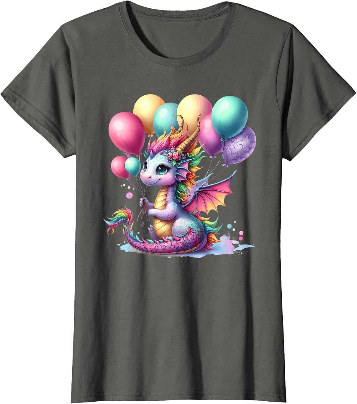 Happy Dragon Pastel Birthday Balloons Magical Party Theme T-Shirt - Asphalt Grey