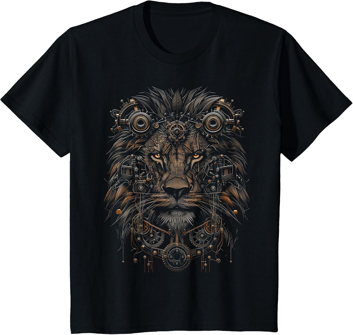 Steampunk Lion Bronze and Black Artwork Graphic T-Shirt - Black