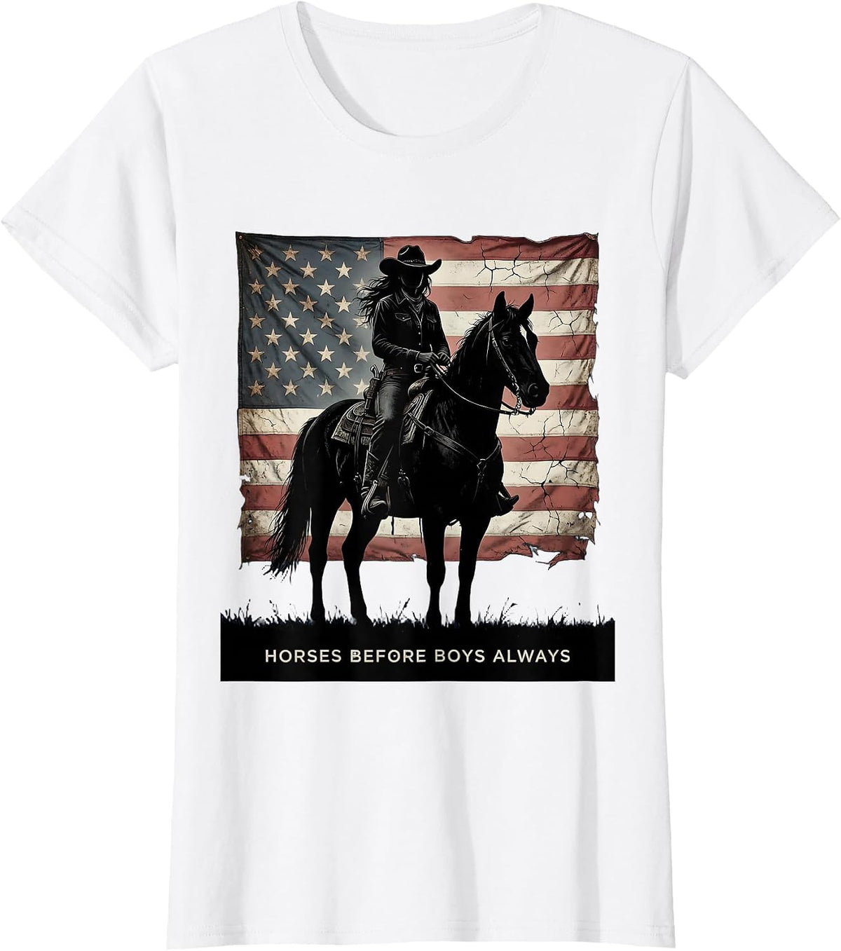 Horses Before Boys Always Cowgirl Design T-Shirt - White