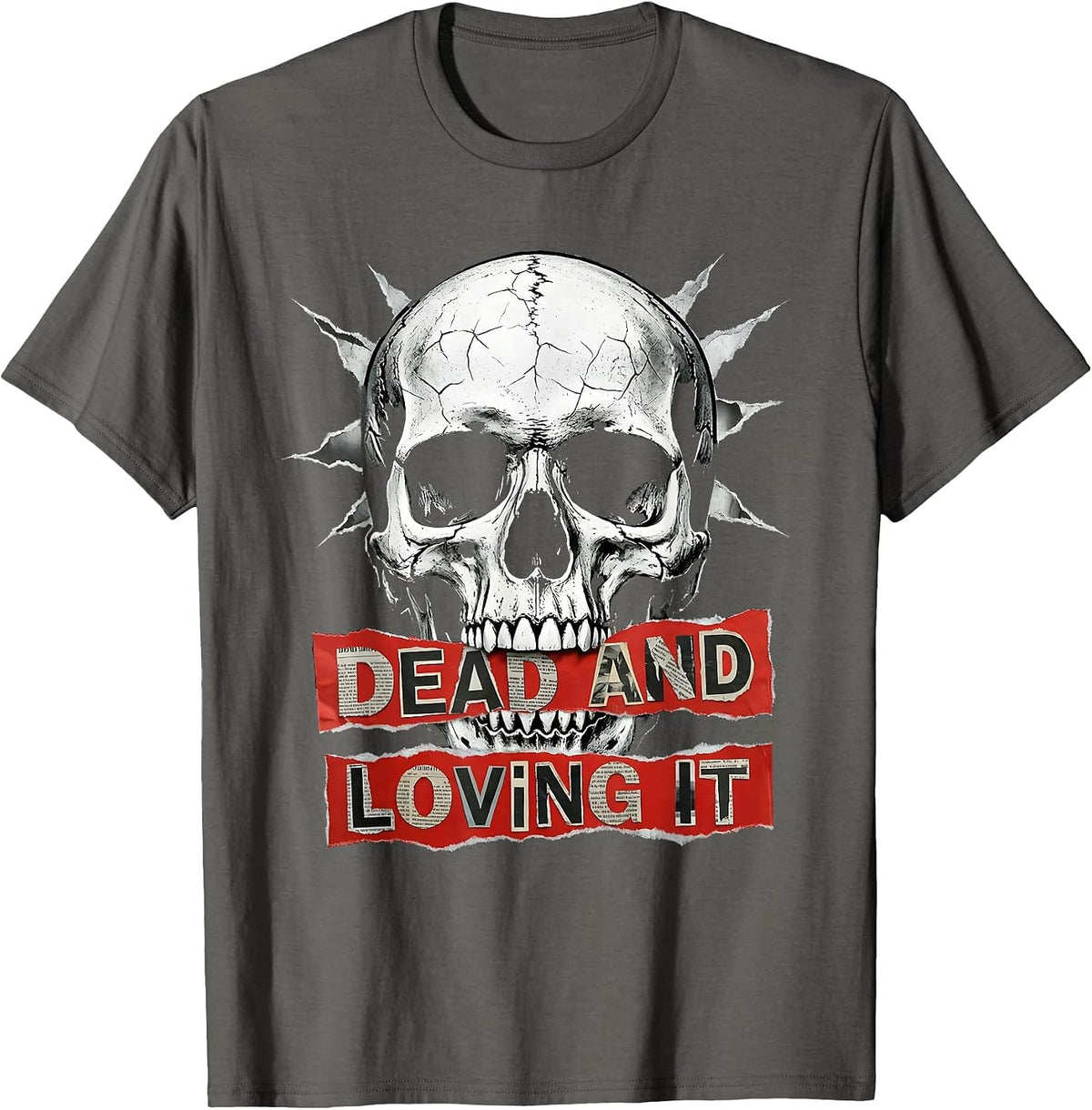 Dead and Loving It Skull Graphic Design T-Shirt - Asphalt Grey