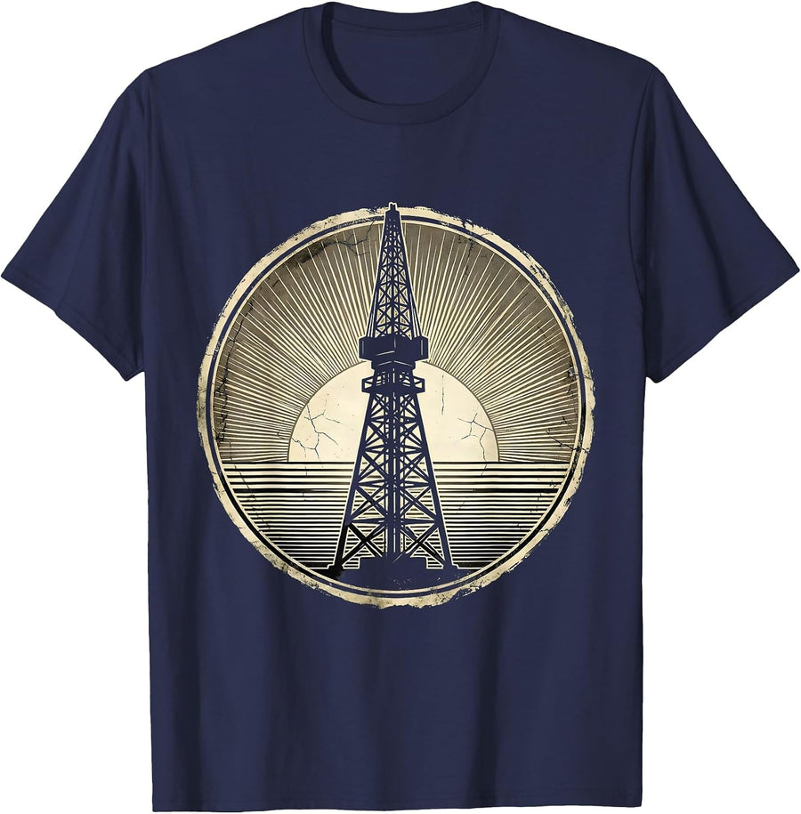 Texas Oil Derrick Blazing Sunset Silhouette T-Shirt - Navy Blue