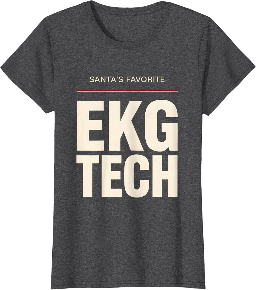 Women's Santa's Favorite EKG Tech Funny Medical Tech Christmas T-Shirt - Dark Heather Grey