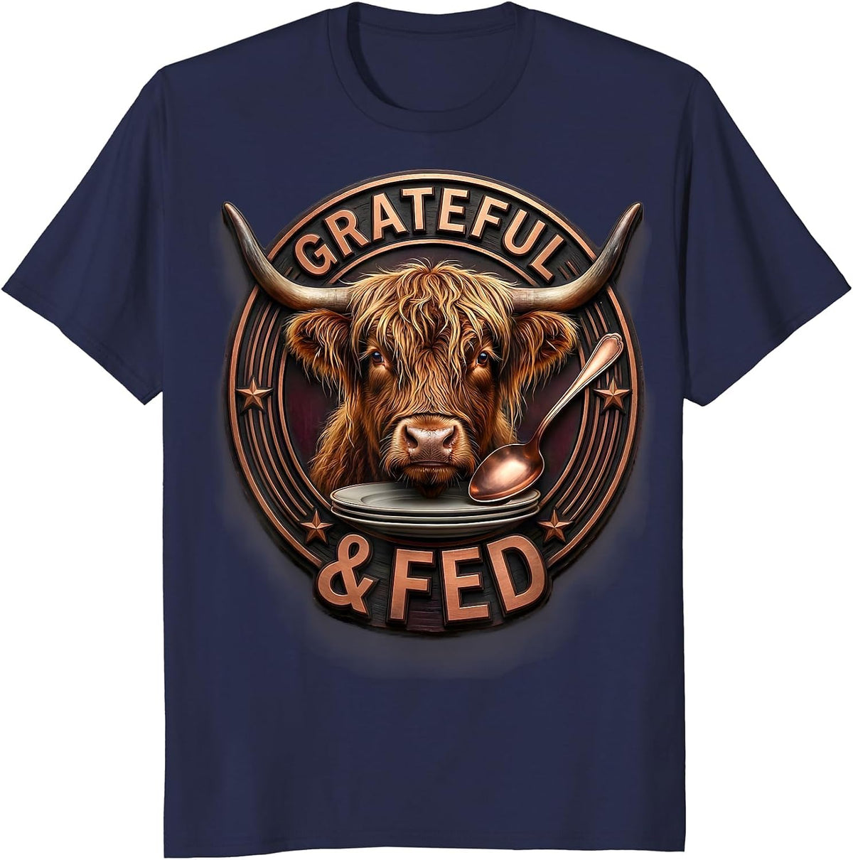 Men's Highland Cow Head Warm Copper Spoon Cute Thanksgiving T-Shirt - Navy Blue