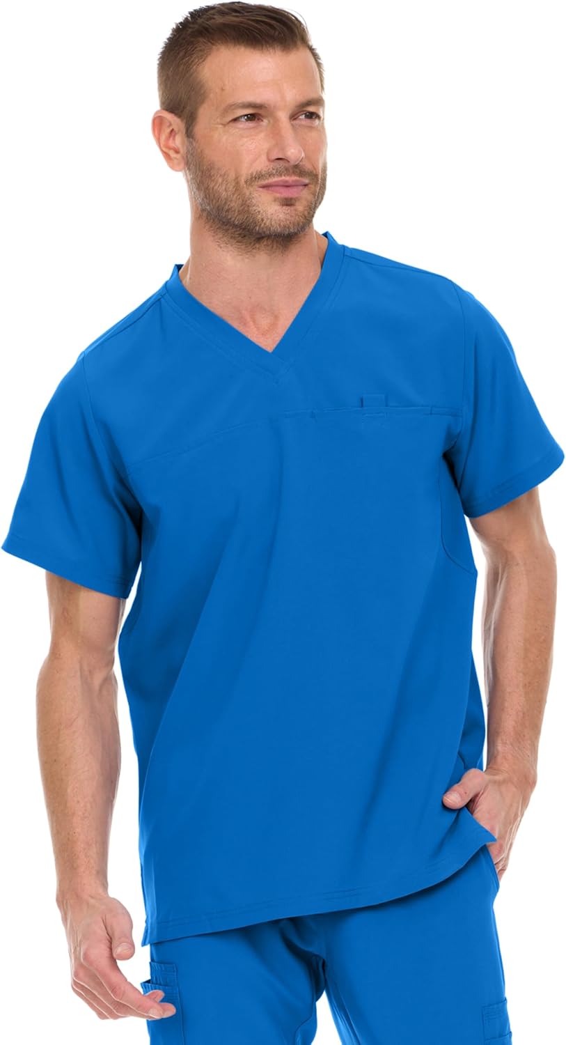 MediChic Men's V-Neck Hi-Low Top with One Chest Pocket and Mesh Gusset - Royal