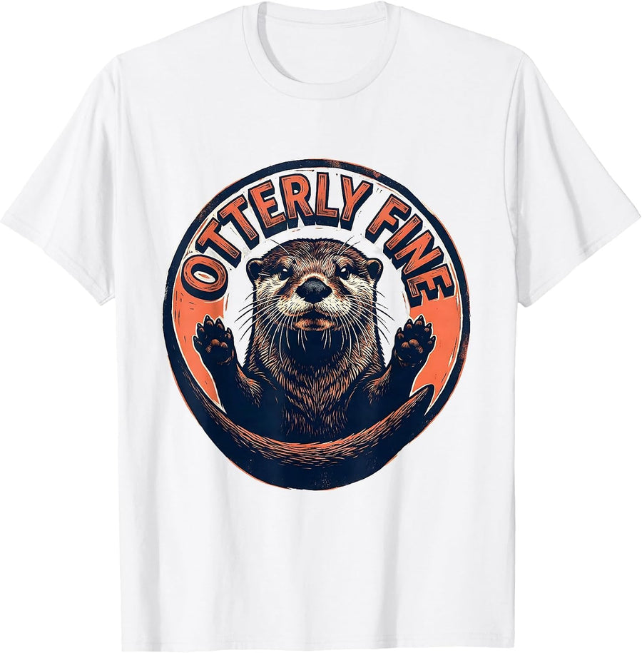 Men's Otterly Fine Linocut Funny Otter Lover Gift T-Shirt - White