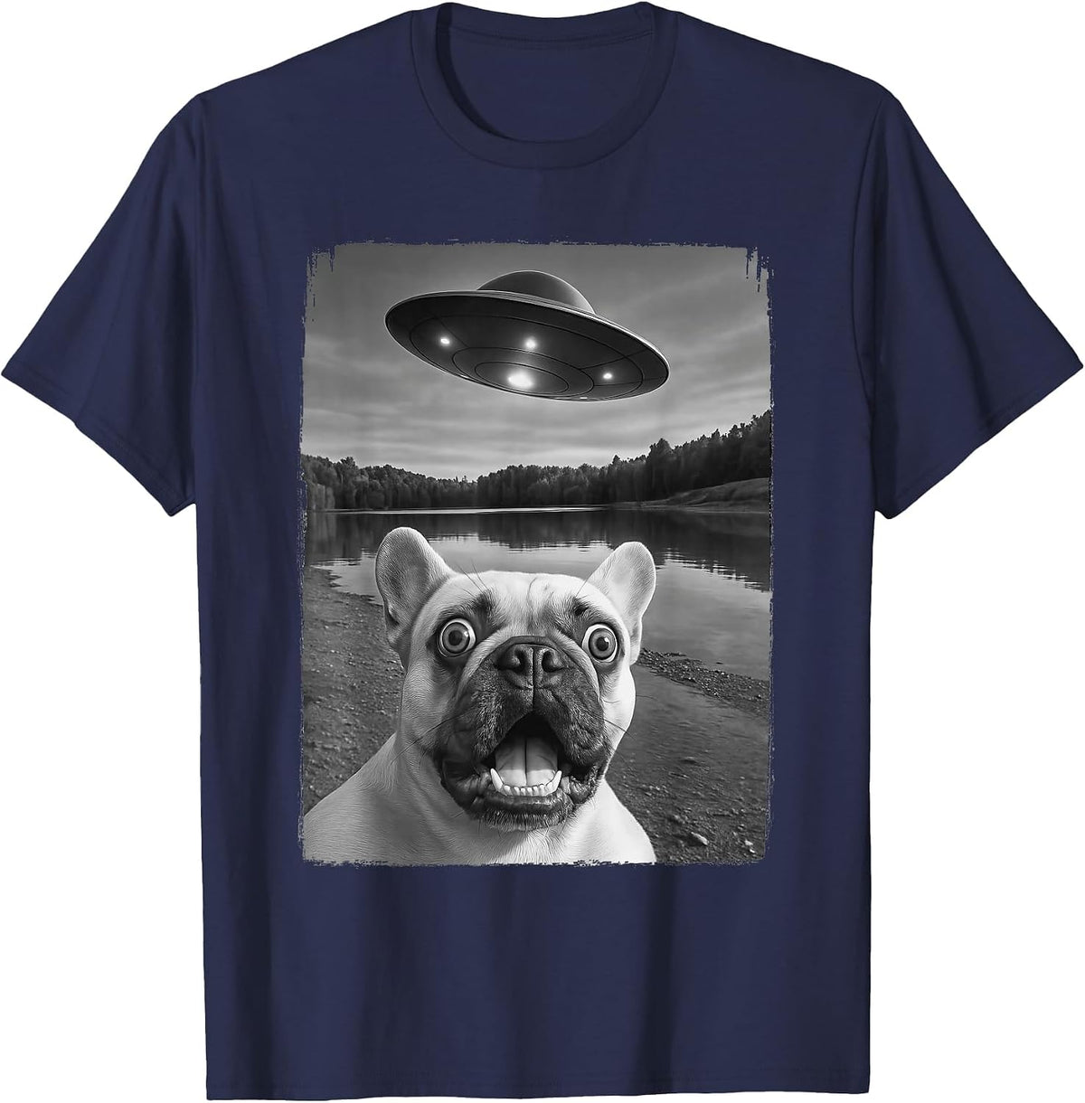 French Dog UFO Selfie Funny Frenchie T-Shirt - Navy Blue