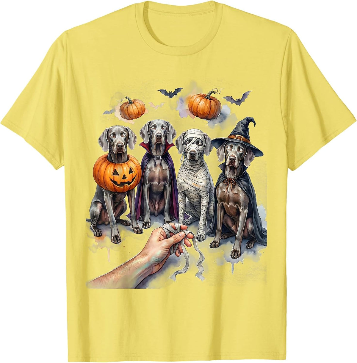 Men's Halloween Weimaraner Squad Pumpkin Vampire Mummy Witch Dog T-Shirt - Lemon Yellow