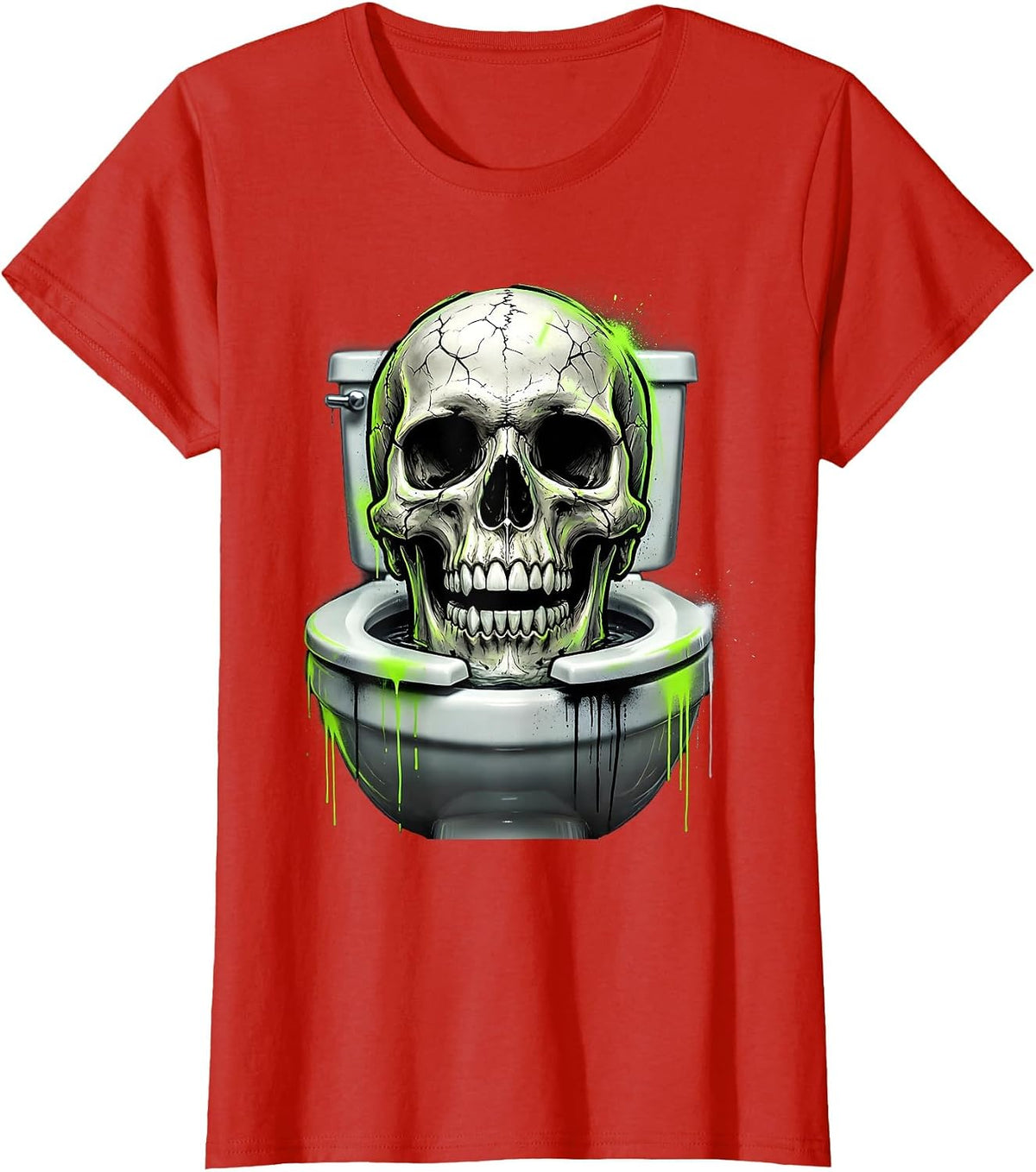 Grinning Skull in Toilet Bowl Funny Dark Art T-Shirt - Red