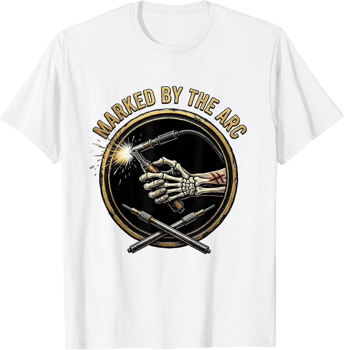 Men's Marked By The Arc Skeleton Welder Tradesman Humor T-Shirt - White