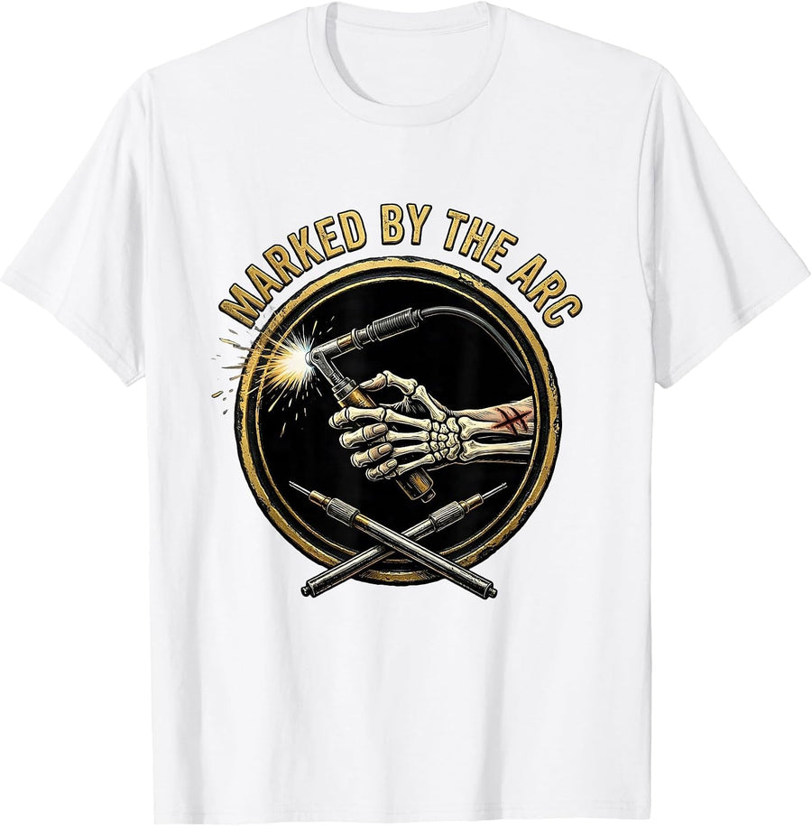 Men's Marked By The Arc Skeleton Welder Tradesman Humor T-Shirt - White
