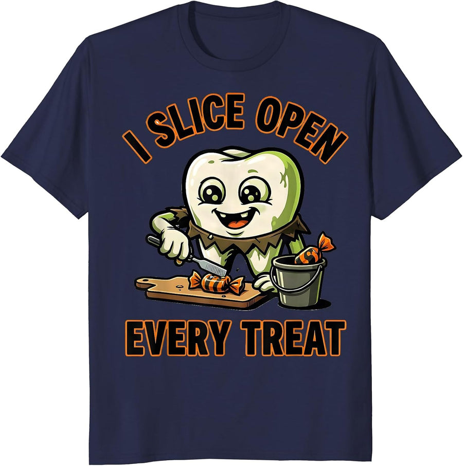 I Slice Open Every Treat Funny Dentist Halloween Dental Pun T-Shirt - Navy Blue