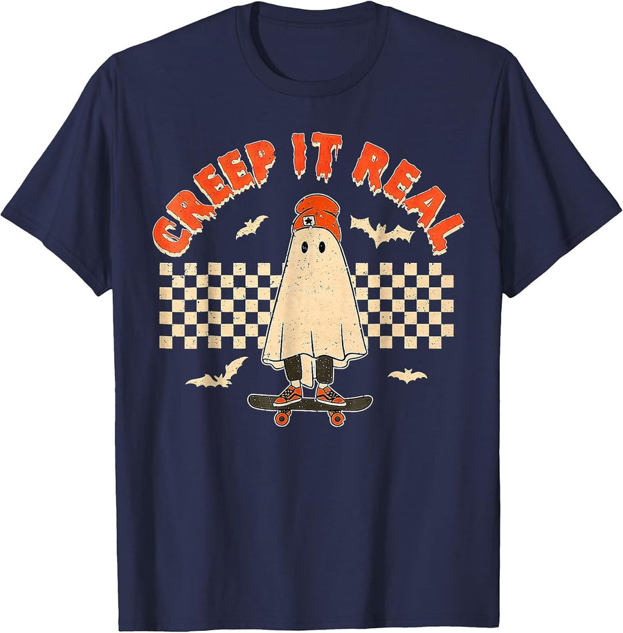 Creep It Real Skateboarding Ghost Retro Halloween Costume T-Shirt - Navy Blue