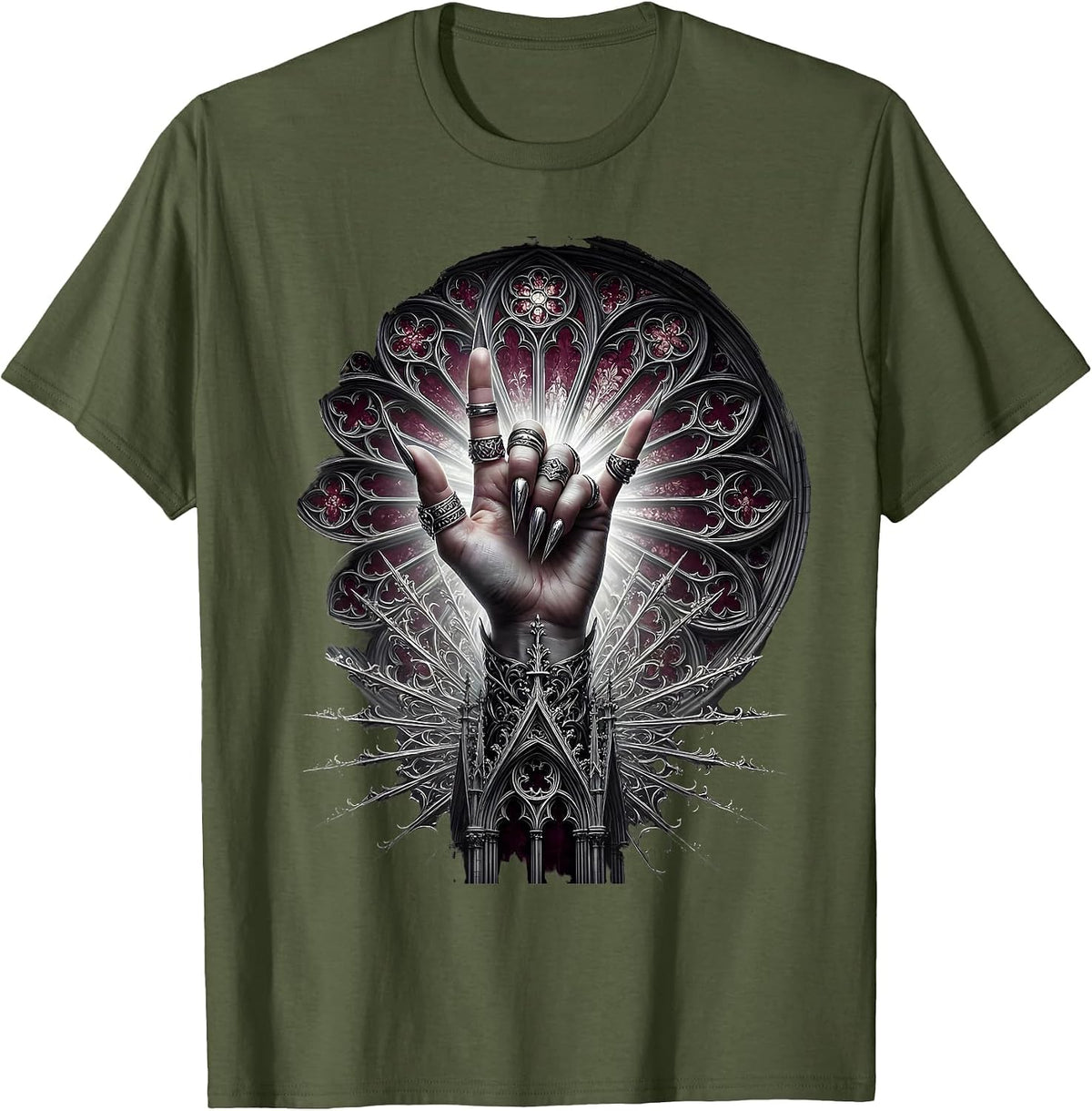 Men's Rock On Devil Horns Hand Gesture Graphic T-Shirt - Olive Green