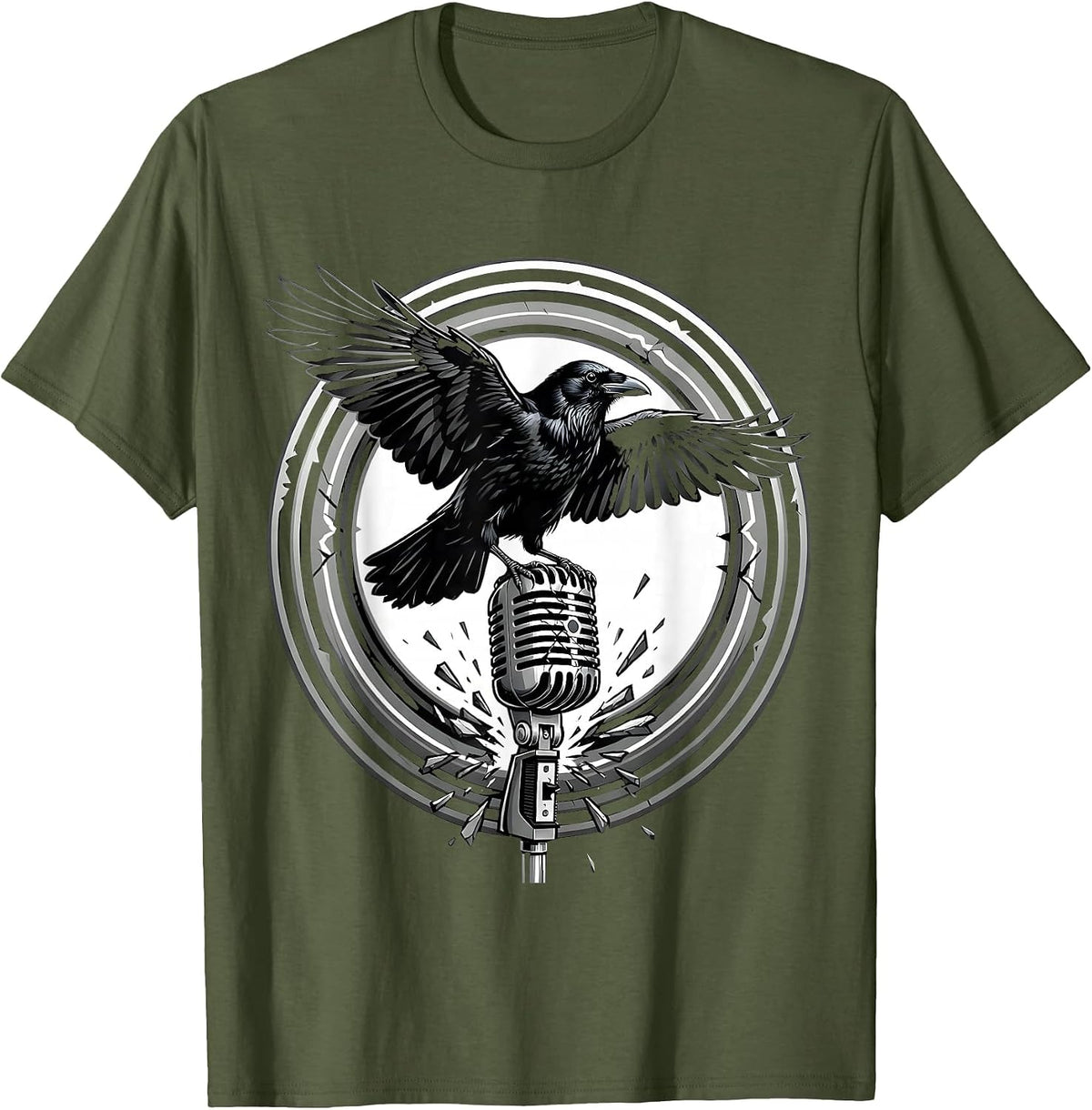 Crow on Broken Mic Punk Rock Graphic Design T-Shirt - Olive Green