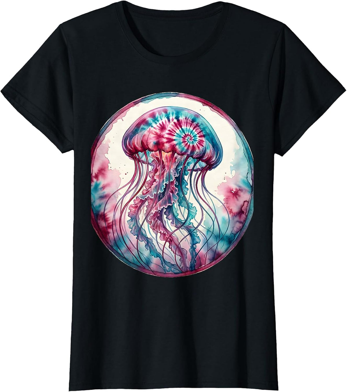 Women's Tie Dye Jellyfish Swirling Tentacles Art Design T-Shirt - Black