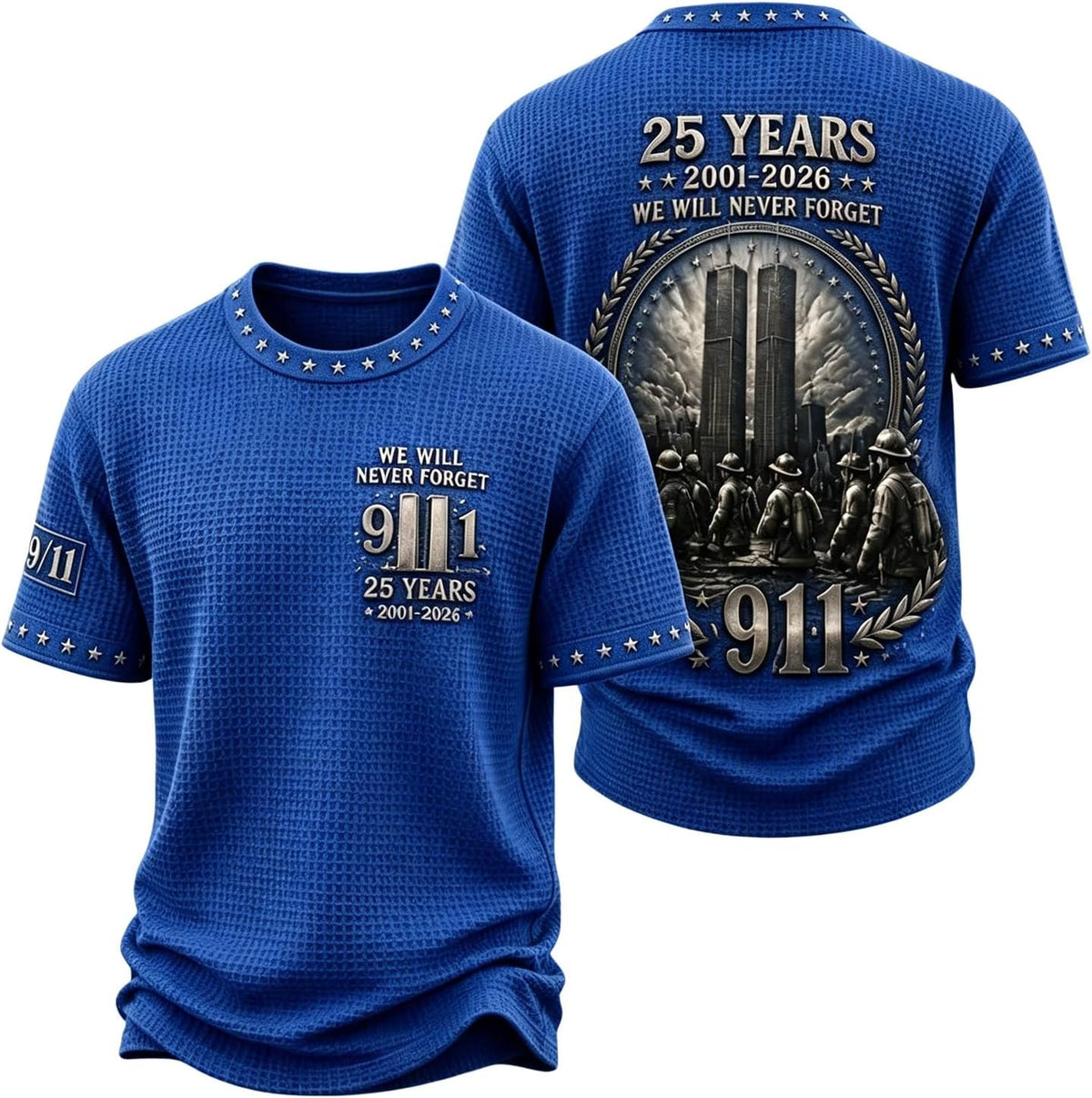 Mens 9/11 Memorial Waffle Tee Never Forget 25th Anniversary Shirt - 01-royal Blue