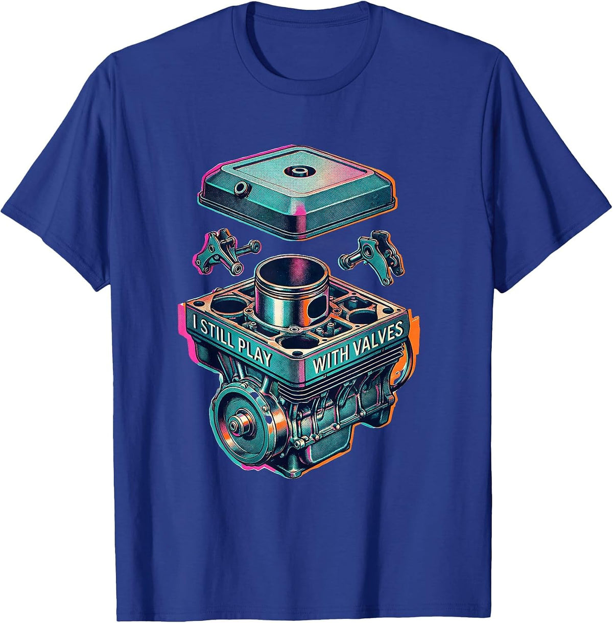 I Still Play With Valves Risograph Mechanic Engine Block T-Shirt - Royal Blue