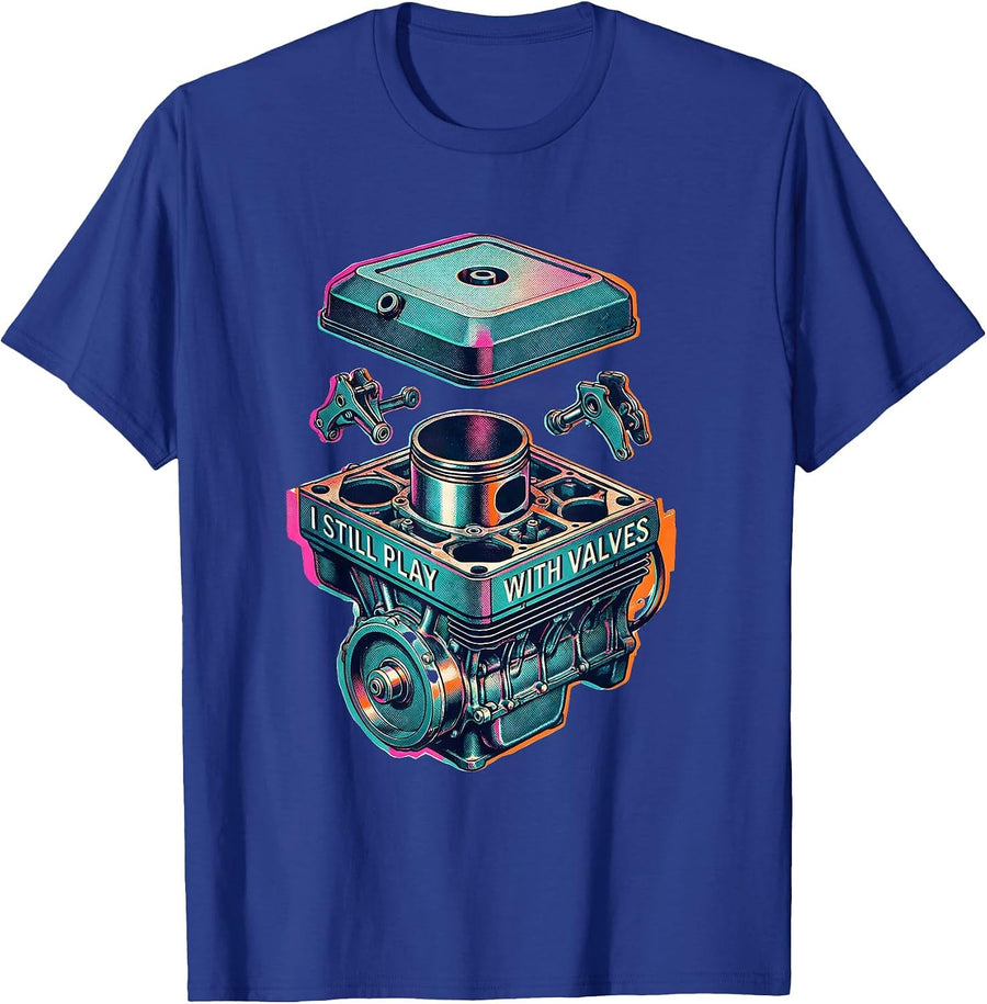 I Still Play With Valves Risograph Mechanic Engine Block T-Shirt - Royal Blue