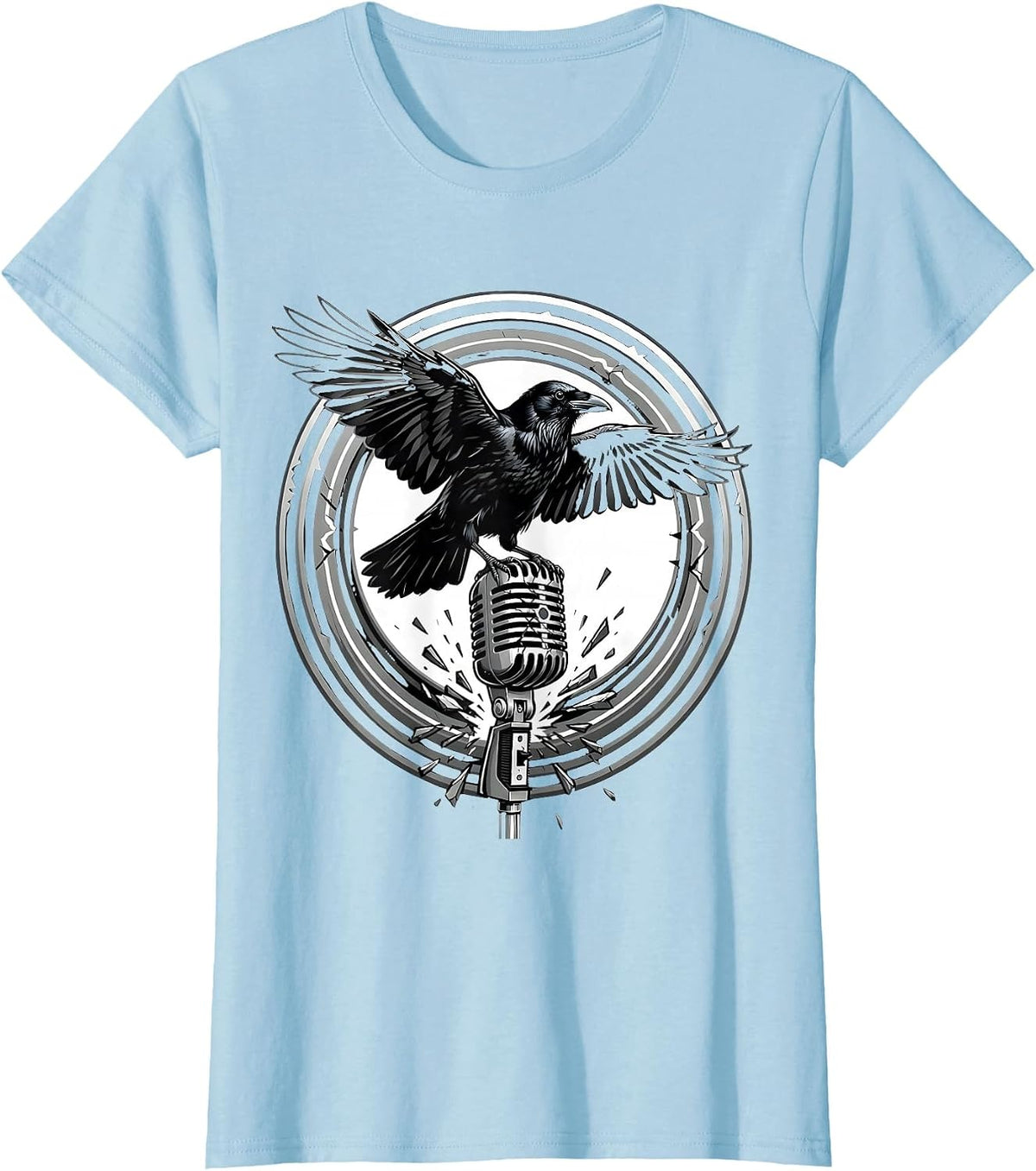 Crow on Broken Mic Punk Rock Graphic Design T-Shirt - Baby Blue