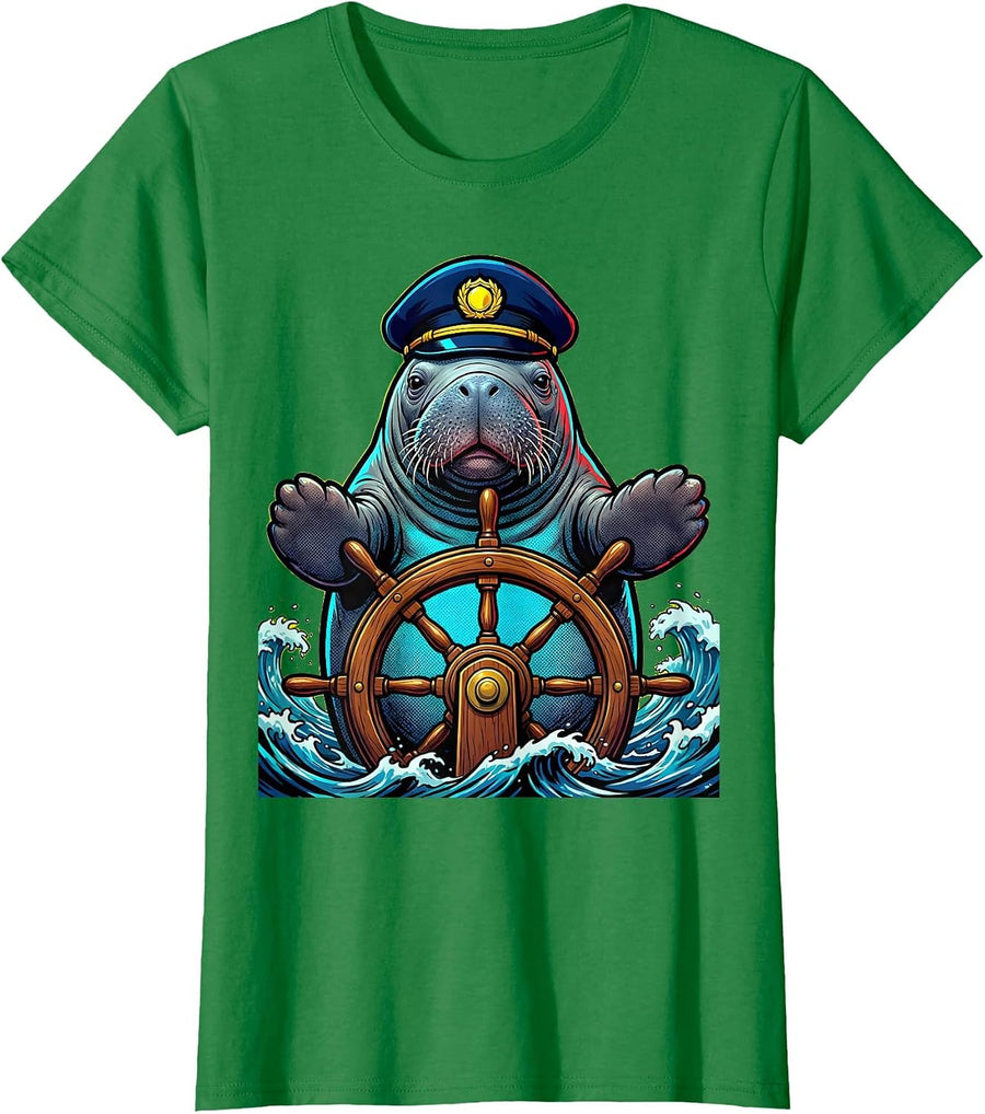 Women's Manatee Captain Steering Ship Nautical Design T-Shirt - Kelly Green