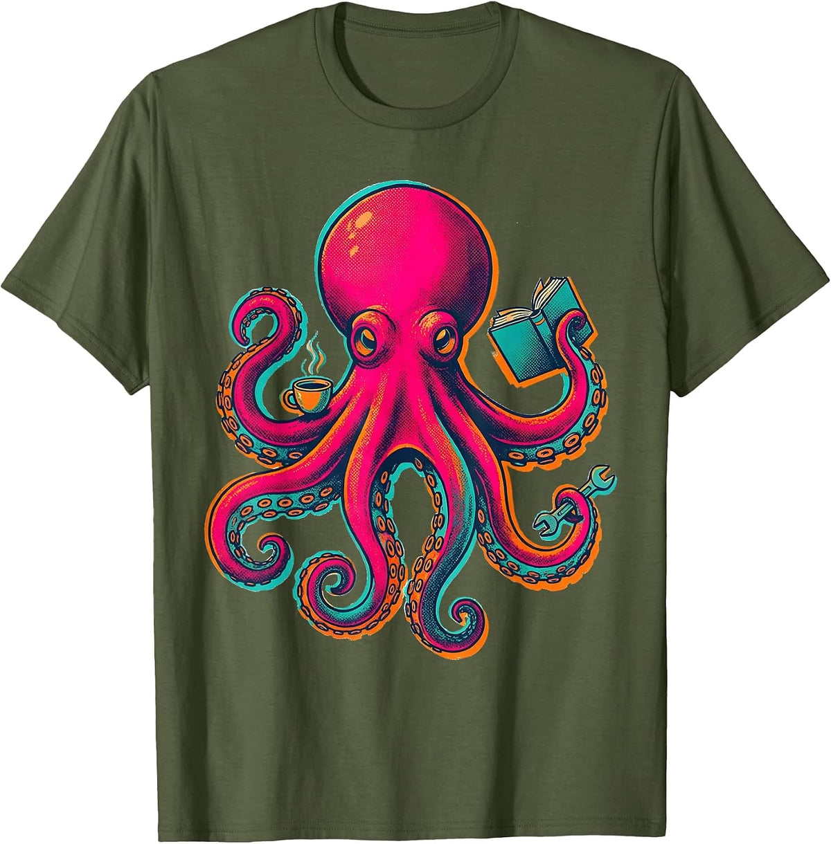 Men's Octopus Retro Vintage Marine Biology Ocean Lover T-Shirt - Olive Green
