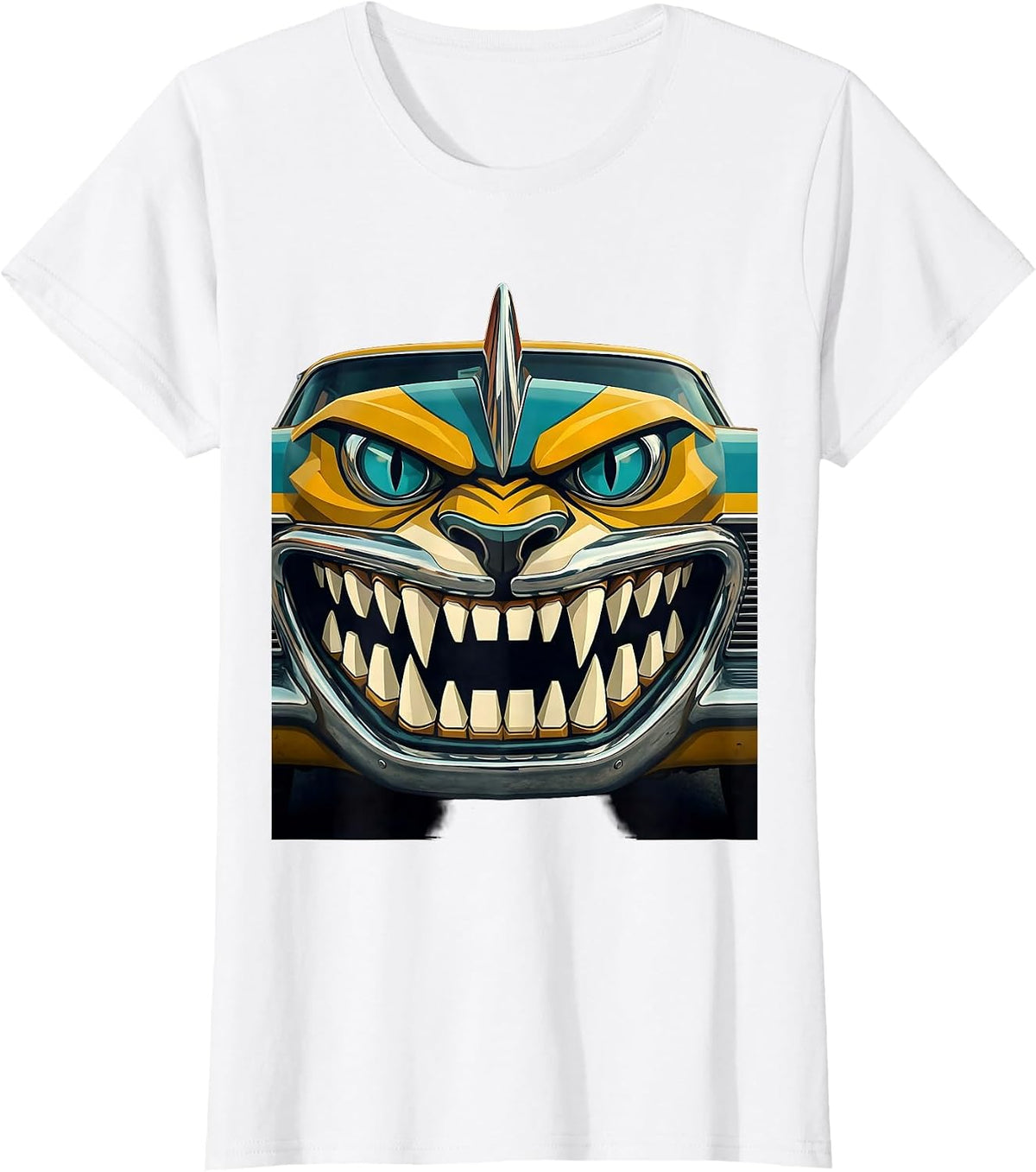 Snarling Animal Face Car Hood Grille Design T-Shirt - White