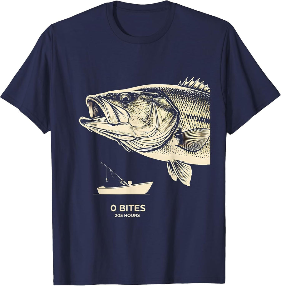 0 Bites 205 Hours Funny Bass Fishing Humor Fisherman Gift T-Shirt - Navy Blue