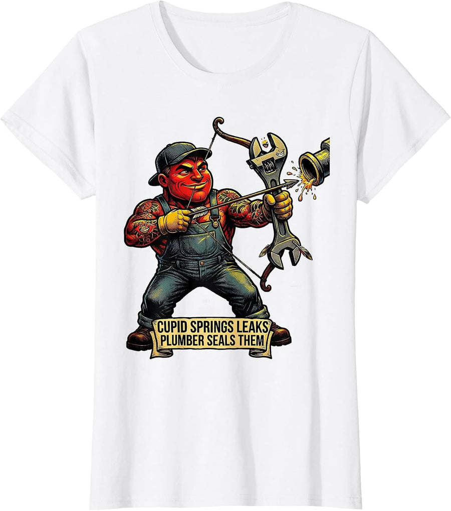 Women's Cupid Springs Leaks, Plumber Seals Them Funny Nurse Gift T-Shirt - White