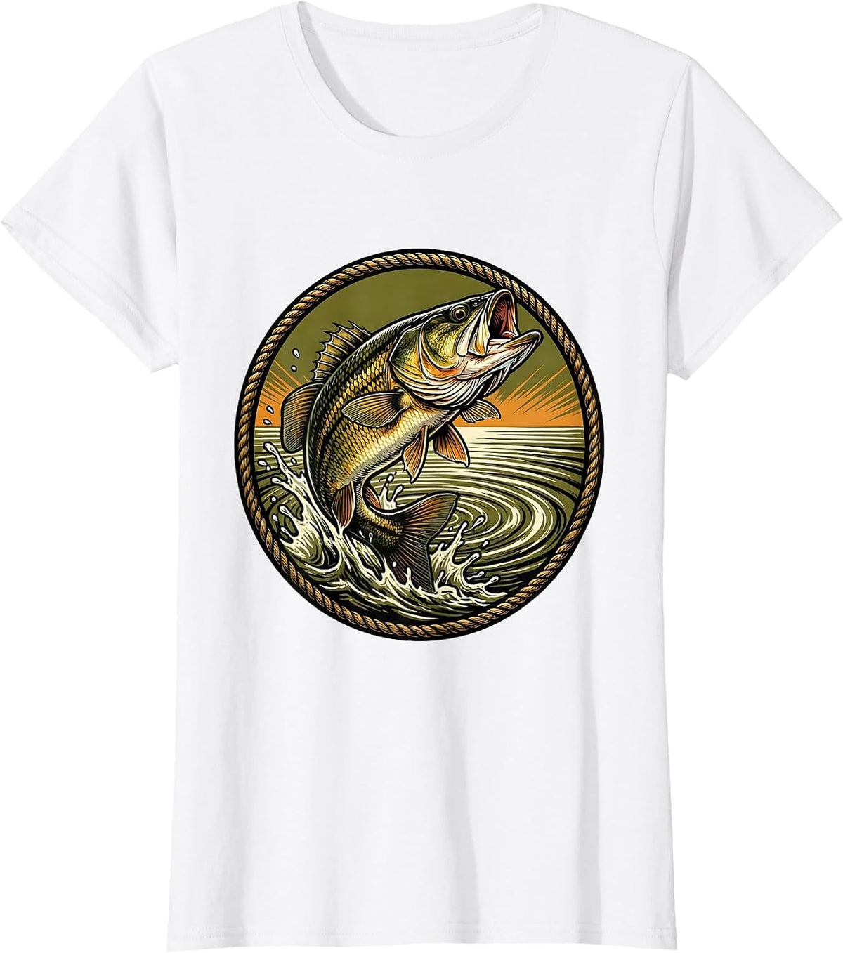 Largemouth Bass Leaping From Water Fishing Design T-Shirt - White