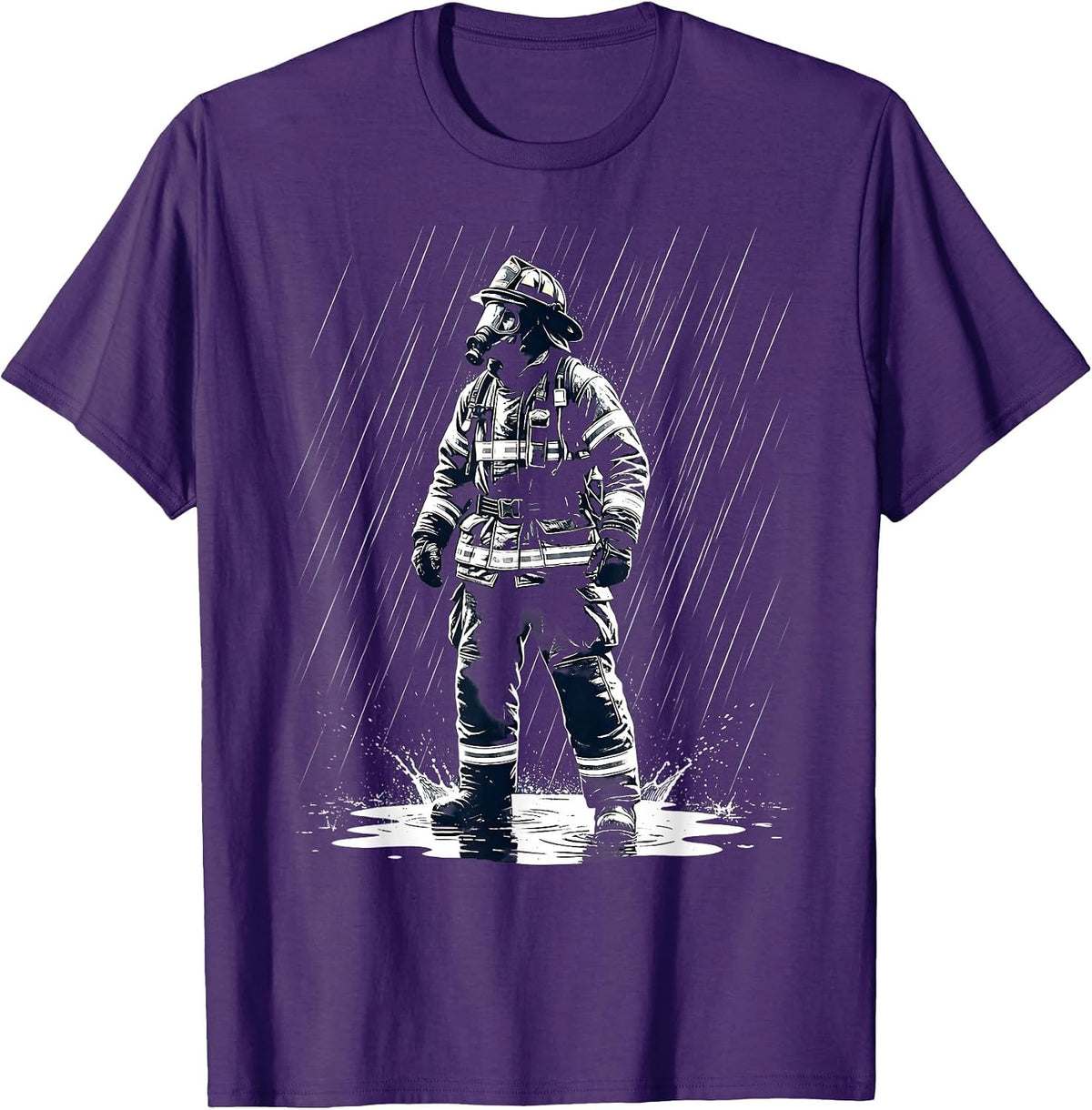 Men's Firefighter in Full Gear Standing in Heavy Rain T-Shirt - Purple