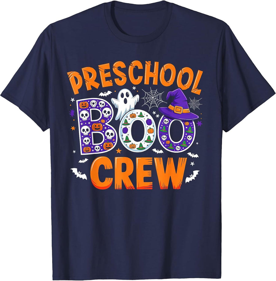 Preschool Boo Crew Preschool Teacher Student Funny Halloween T-Shirt - Navy Blue