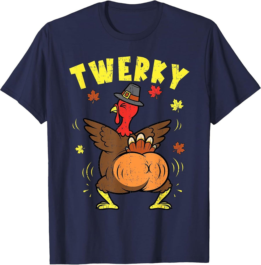 Twerky Turkey Funny Thanksgiving Men Women Twerk Dance Pun T-Shirt - Navy Blue