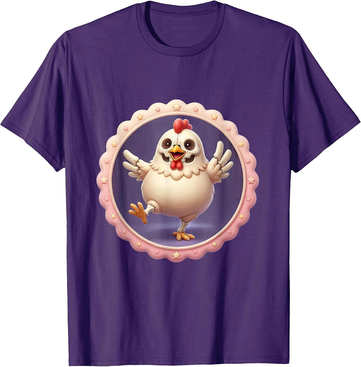 Skeleton Chicken Strutting on Stage Graphic T-Shirt - Purple