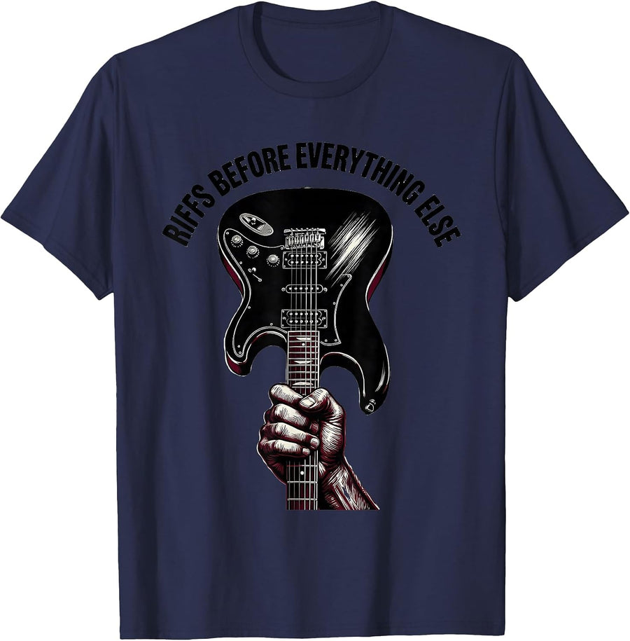 Riffs Before Everything Else 80s Rock Band Design T-Shirt - Navy Blue