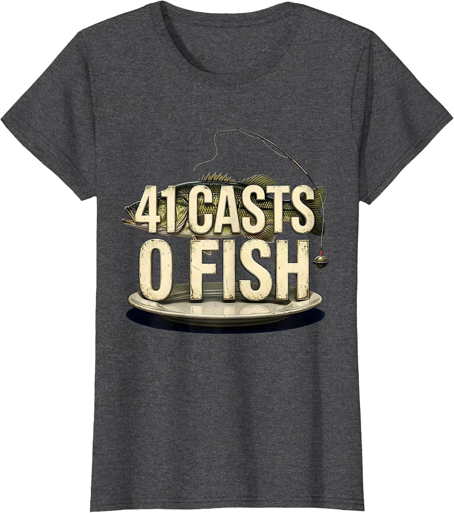 Women's 41 Casts 0 Fish Funny Bass Fishing Humor Dad Gift T-Shirt - Dark Heather Grey