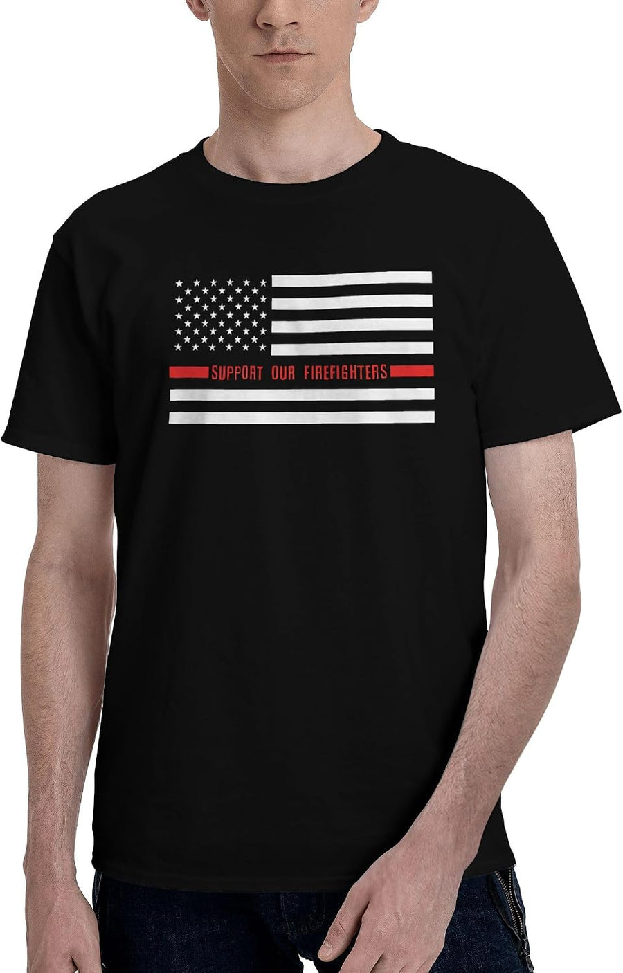 Men's T-Shirt,Support Our Firefighters Red Line US Flag,Trendy Loose Fit Retro Printed Streetwear Tee - As Pictured