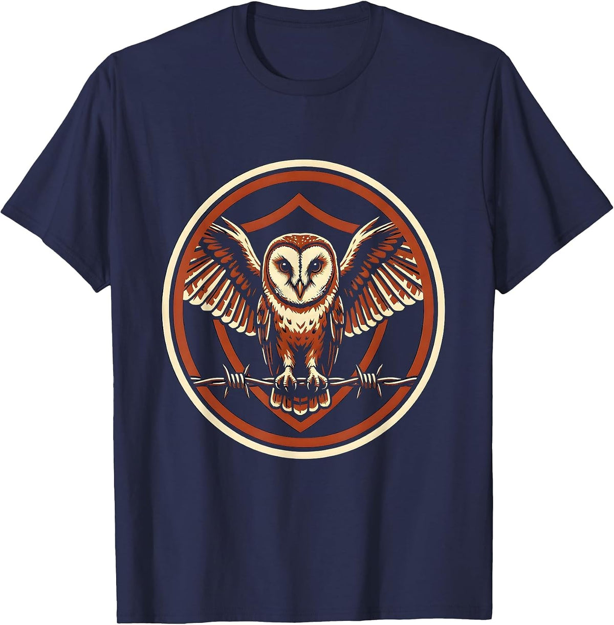 Barn Owl Perched on Barbed Wire Fence T-Shirt - Navy Blue