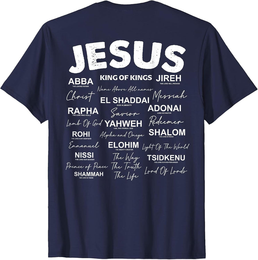 Jesus is King Names of God Hebrew Jesus Christian (On Back) T-Shirt - Navy Blue